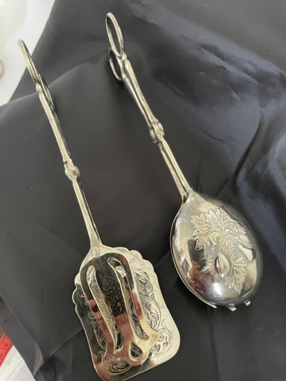 2 - Vintage Italian Silver-Plated Serving Tongs- Spoon & Flat Serving